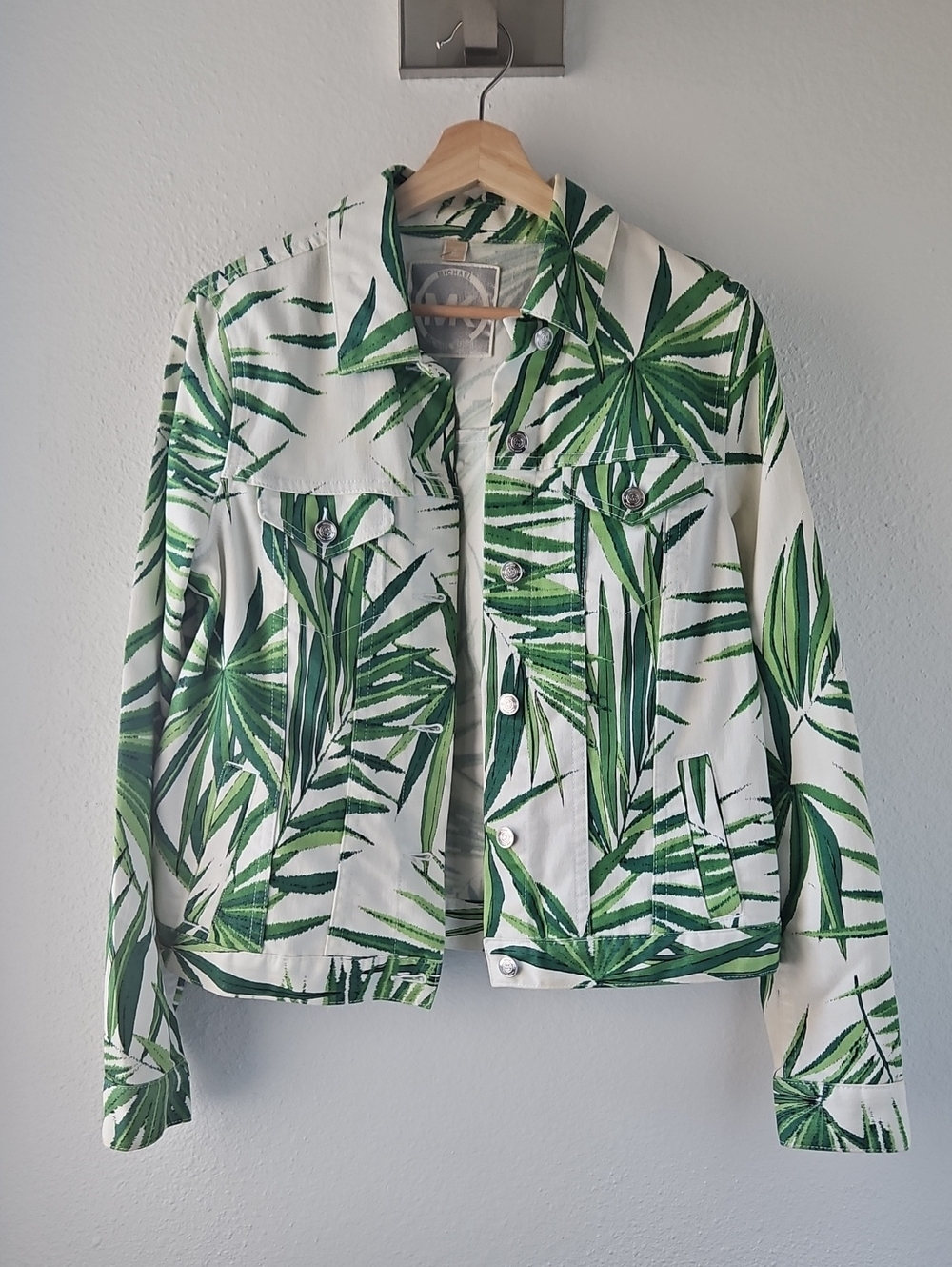 MICHAEL Michael Kors White Jean Jacket with Green Leaf Print